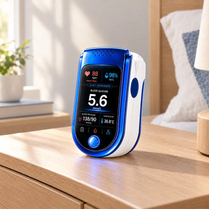Blau-weißes Fingerclip-Messgerät mit hellem Display steht auf einem Holznachttisch neben Kissen und Pflanze in sonnigem Schlafzimmer. 1