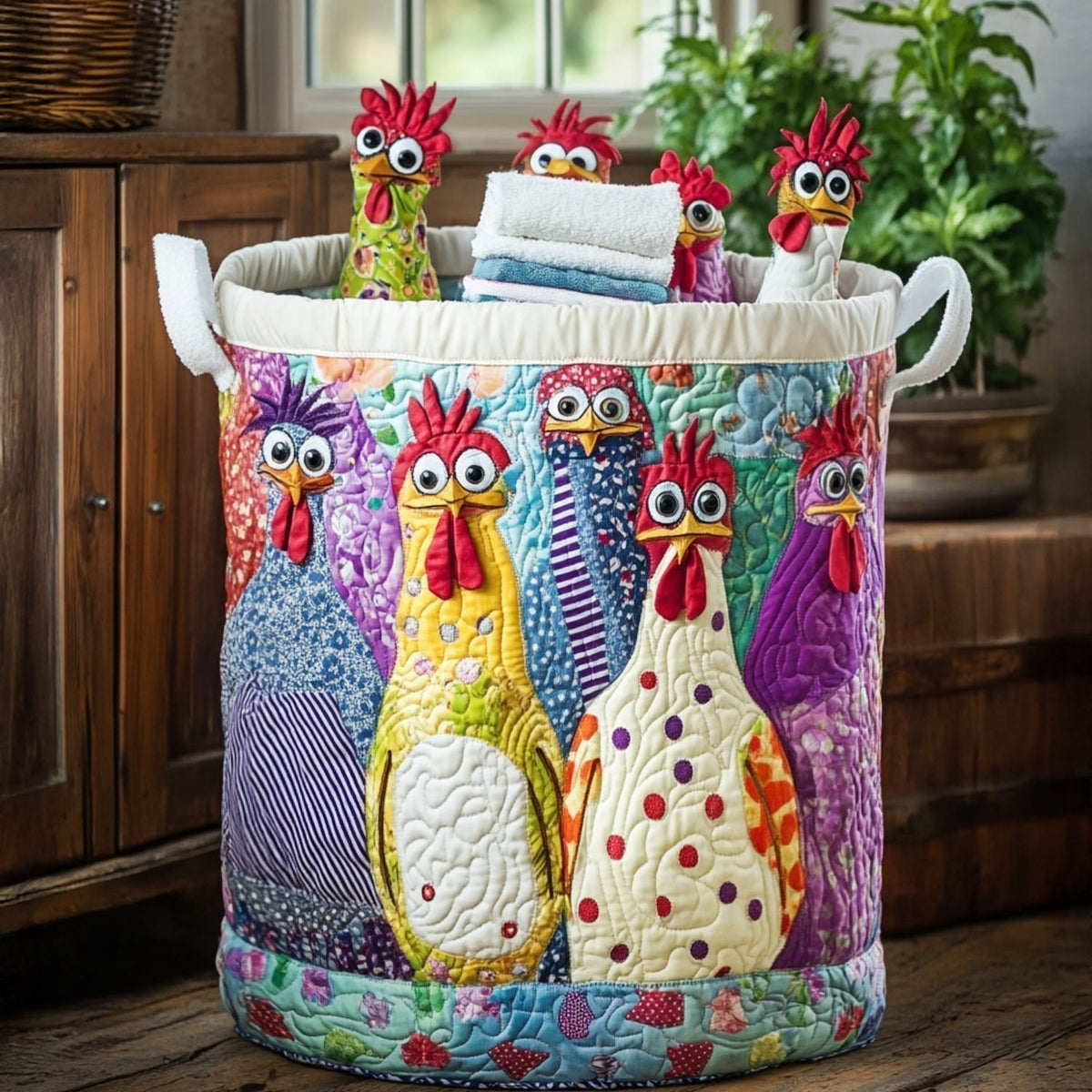 Runder, gesteppter Stoffkorb mit bunten Patchwork-Hühnern und weißen Henkeln, gefüllt mit Handtüchern, vor Holzschrank und Zimmerpflanze. 1