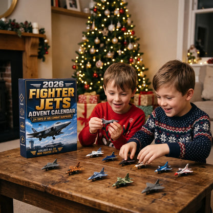 Zwei lachende Jungen in Weihnachtspullovern spielen am Holztisch mit bunten Mini-Düsenjets vor dem geschmückten Tannenbaum 1