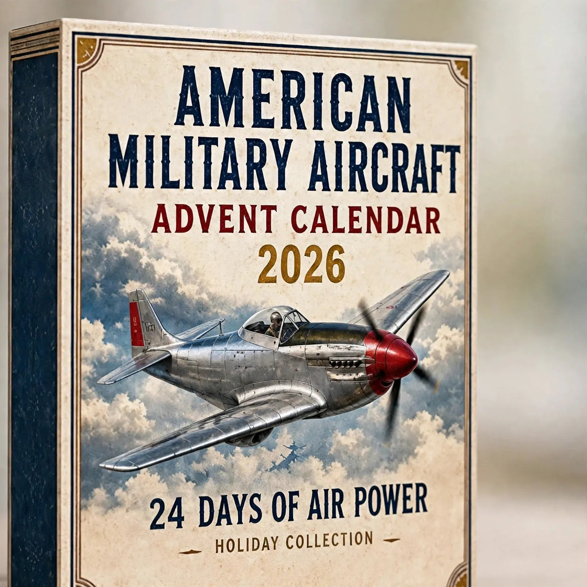 Nahaufnahme der Vorderseite einer Schachtel mit Retro-Motiv eines silbernen Propellerflugzeugs vor Wolkenhimmel 3