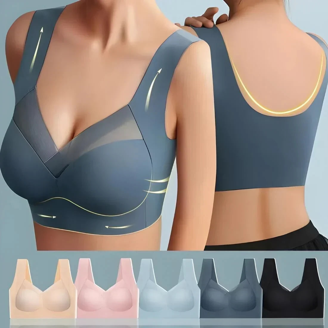 Collage mit Vorder- und Rückansicht des blaugrauen BHs am Model, darunter fünf Farbvarianten nebeneinander: Beige, Rosa, Hellblau, Blaugrau und Schwarz. 1