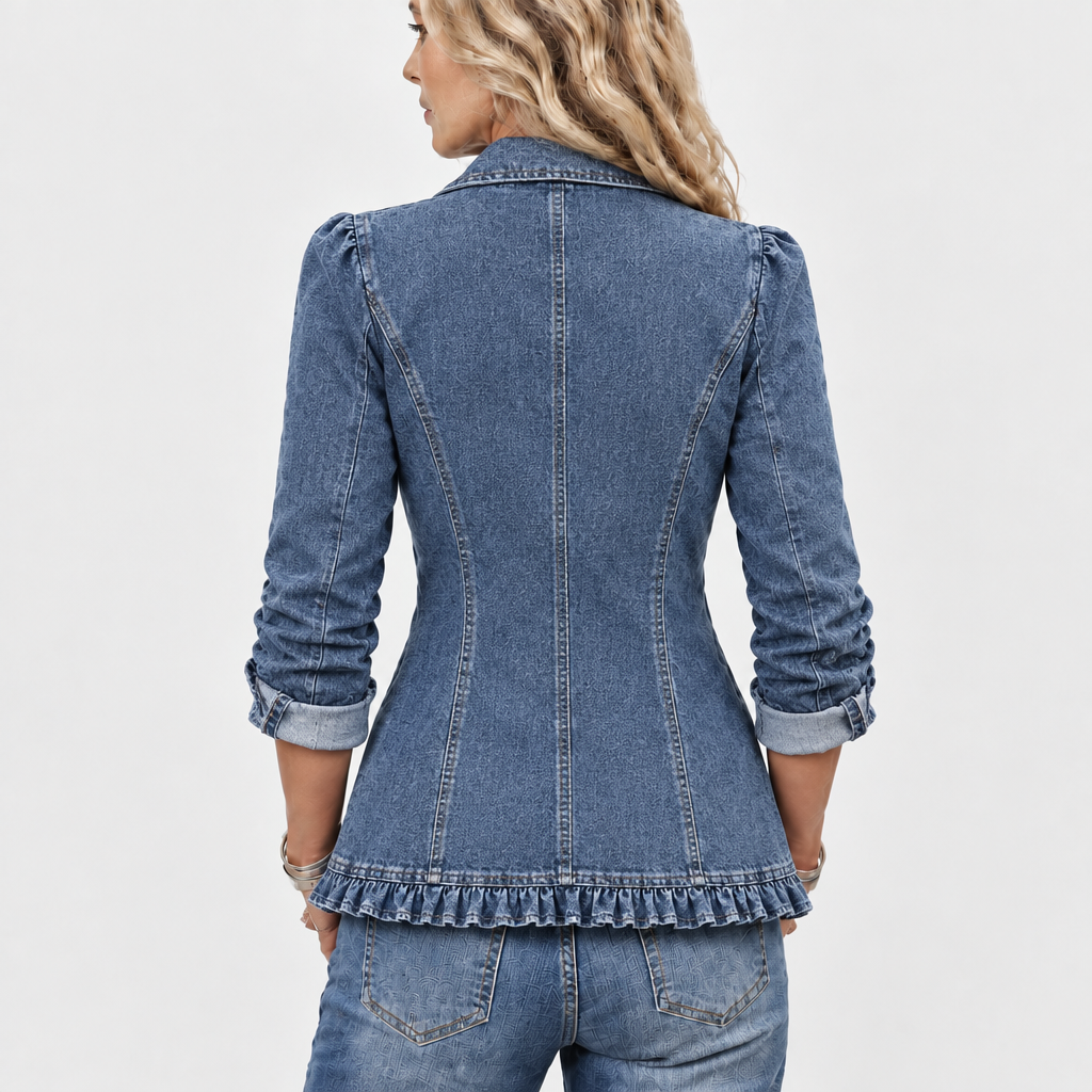 Rückansicht der Jeansjacke mit Teilungsnähten, Puffärmeln und Rüschensaum an einer Frau mit blonden Locken 5