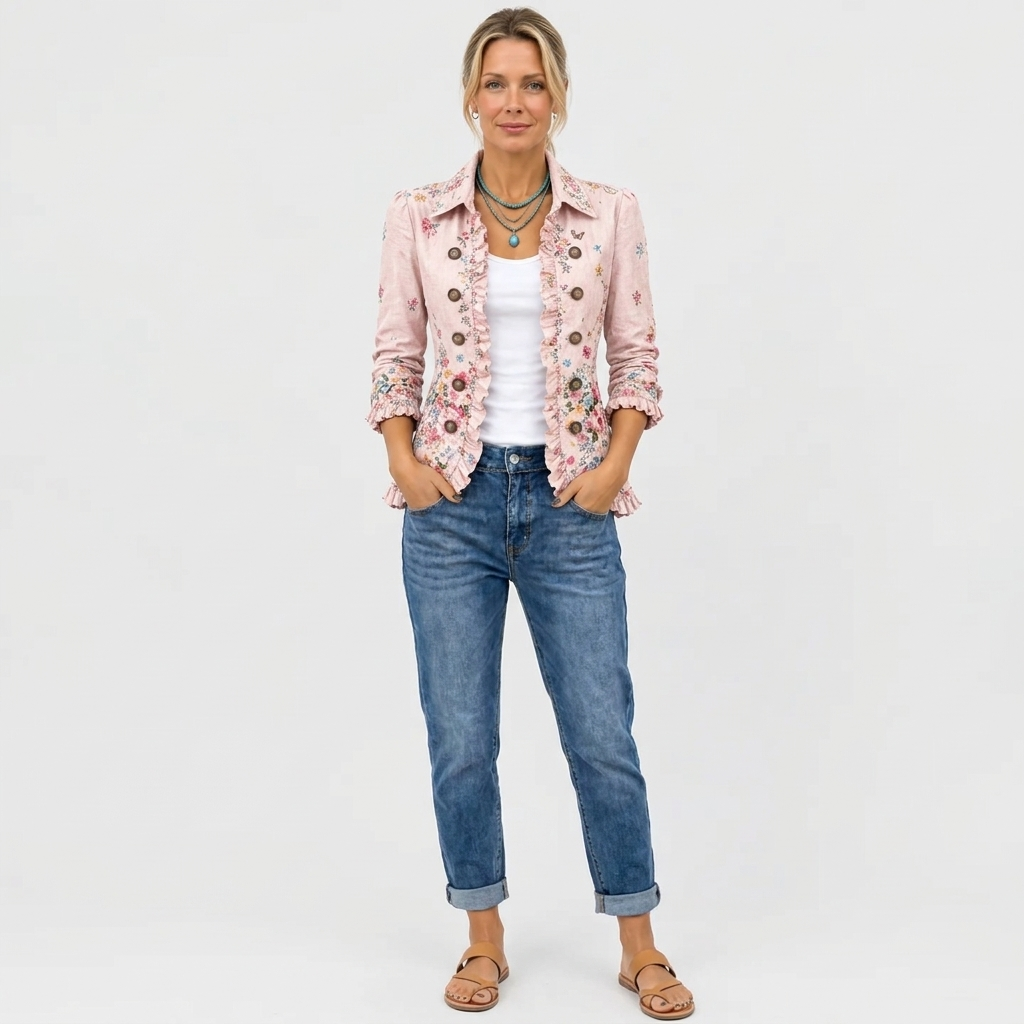 Ganzkörperaufnahme des Models in der rosa Blumenjacke, kombiniert mit weißem Top, hochgekrempelter Jeans und braunen Sandalen. 4