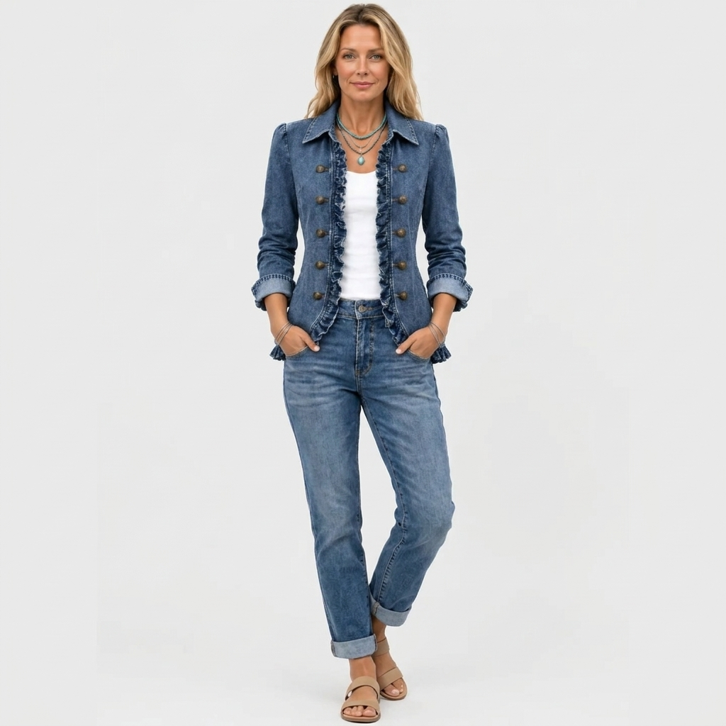Ganzkörperansicht: Die Jeansjacke mit Rüschen zu Jeans mit umgeschlagenem Saum und beigen Sandalen getragen 3