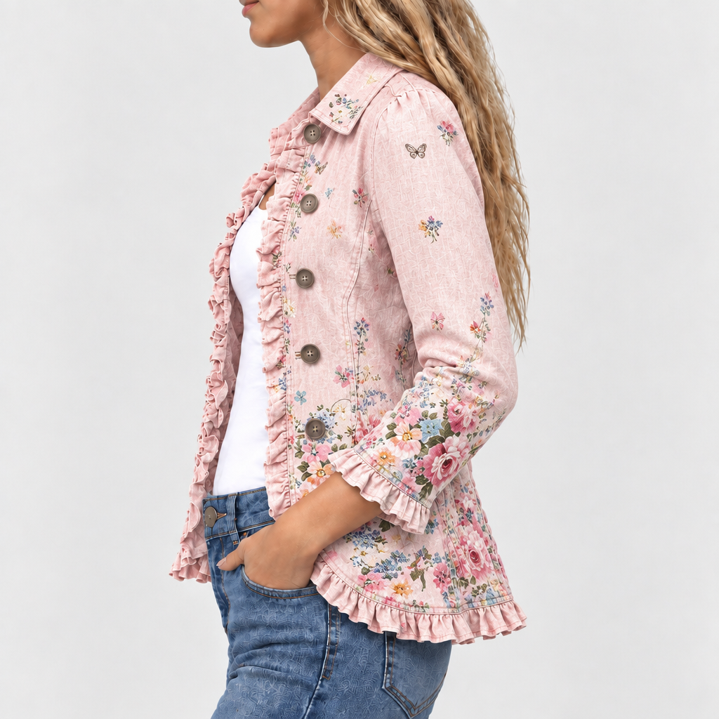 Seitenansicht der Jacke am Model: Knopfleiste, Rüschen an Vorderteil, Ärmelsaum und Saum sowie Schmetterlingsmotiv und Blumendruck auf dem Ärmel. 3