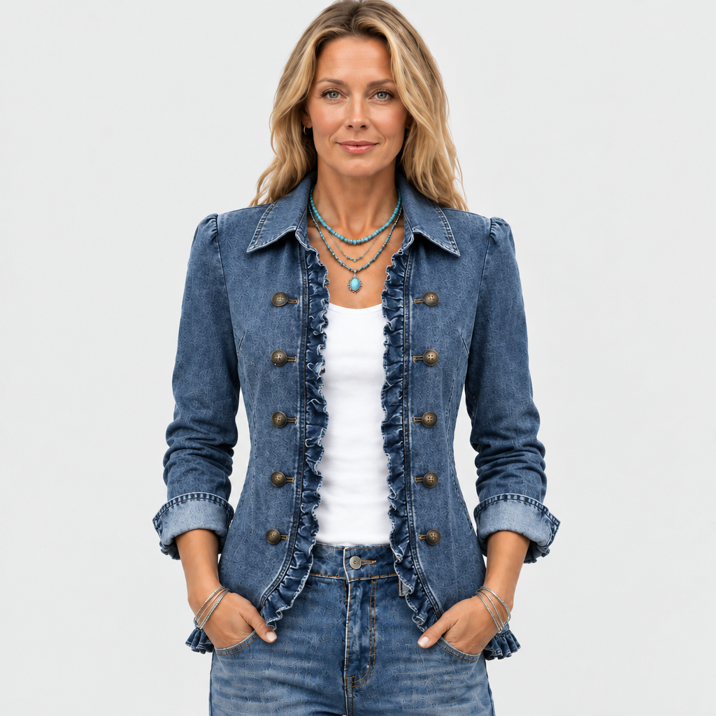Frau trägt die blaue Jeansjacke mit Rüschen offen über weißem Top, Hände in den Hosentaschen, Vorderansicht 2