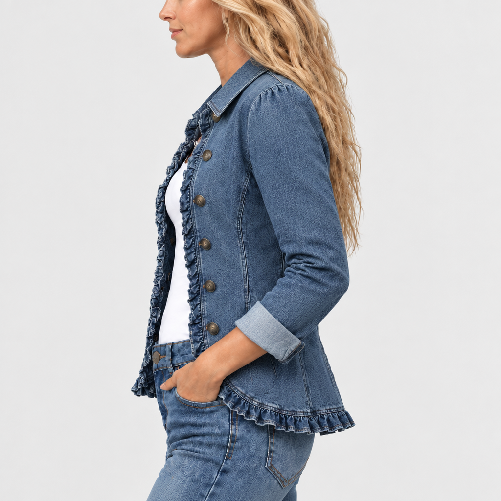 Seitenansicht der Jacke mit Knopfleiste, gerüschtem Saum und gekrempeltem Ärmel an einer Frau mit langen Locken 4