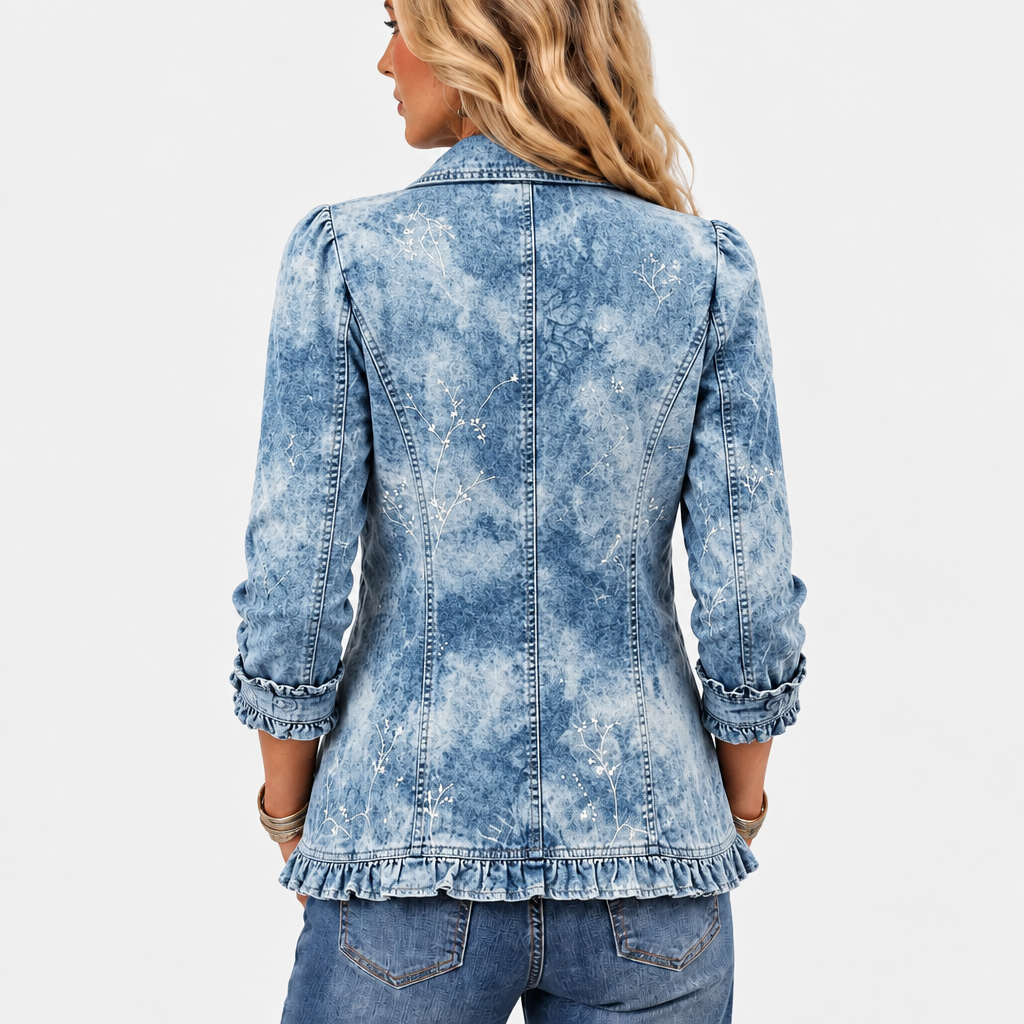 Rückansicht der Jacke mit Teilungsnähten, verteiltem Zweigmuster, Rüschensaum und Rüschen an den Ärmelaufschlägen 4