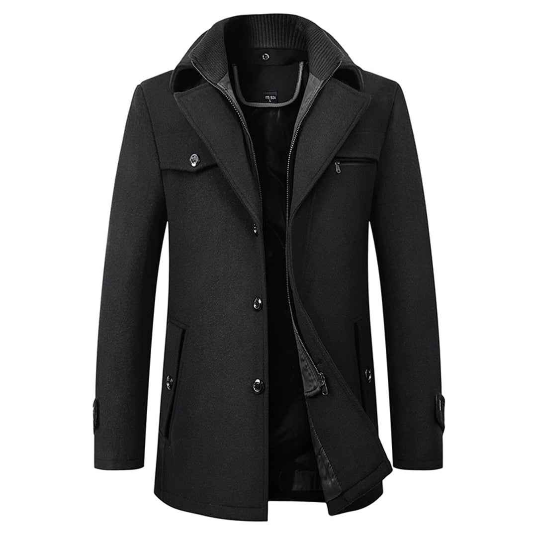 Schwarzer Herren-Wintermantel, elegant, warm, mit Knöpfen und Reißverschluss, klassisches Design.