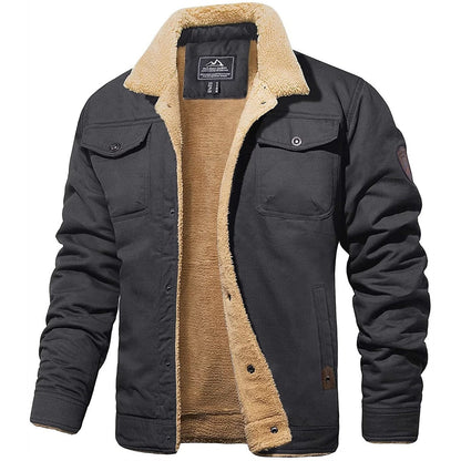 Schwarze Herren-Bomberjacke mit beigem Futter, warm, modisch, Winterkleidung.
