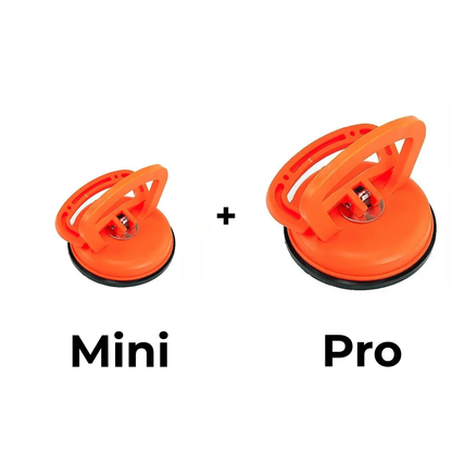 Oranges Set aus kleinem Mini- und größerem Pro-Saugnapf-Dellenabzieher nebeneinander, durch ein Pluszeichen verbunden.