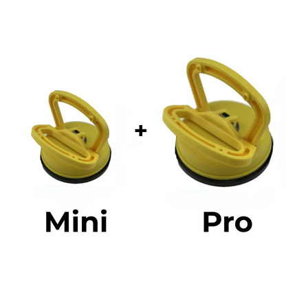 Gelbes Set aus kleinem Mini- und größerem Pro-Dellenabzieher nebeneinander mit Pluszeichen als Größenvergleich.
