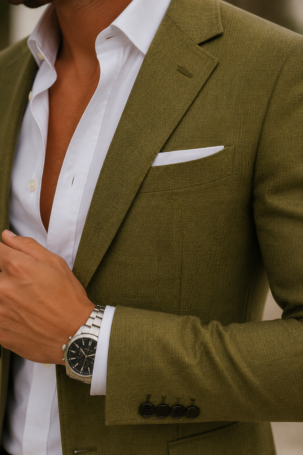 Detailaufnahme des olivgrünen Sakkos mit Revers, Brusttasche, Einstecktuch und Ärmelknöpfen, dazu eine Armbanduhr 10