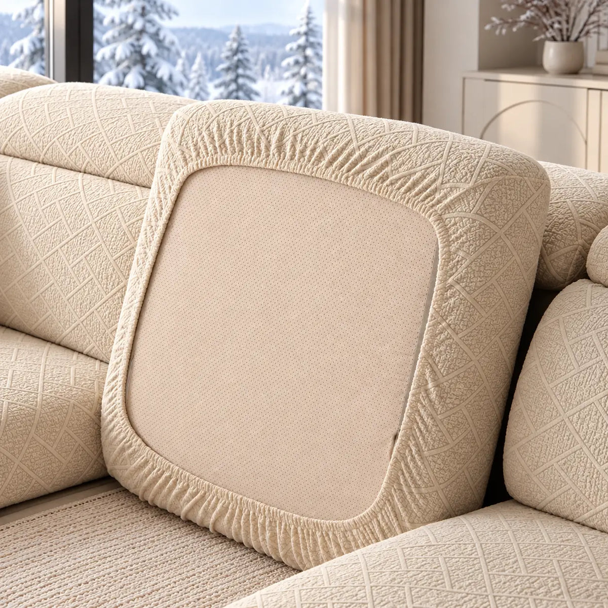 Abgenommener Sitzkissenbezug mit elastischem Rand und perforierter Unterseite auf dem Sofa, cremefarben 13