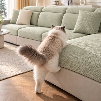 Ragdoll-Katze steigt auf Sofa mit hellgrünen Bezügen und Kissen im Wohnzimmer 14