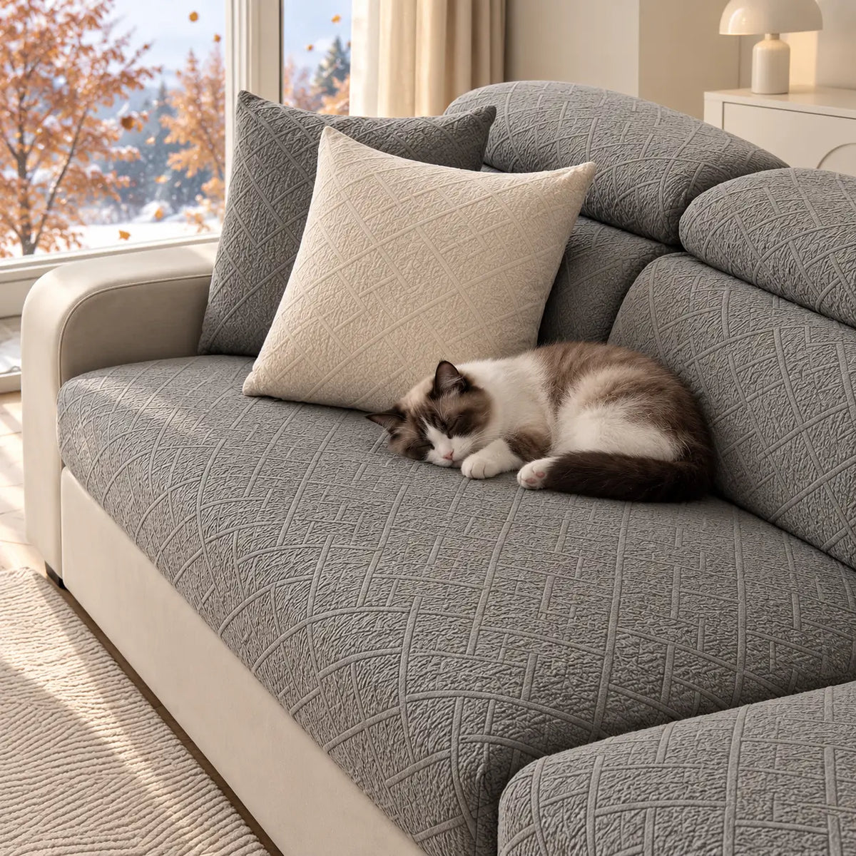 Katze schläft auf Sofa mit grauen Bezügen, daneben ein cremefarbenes und ein graues Kissen 15