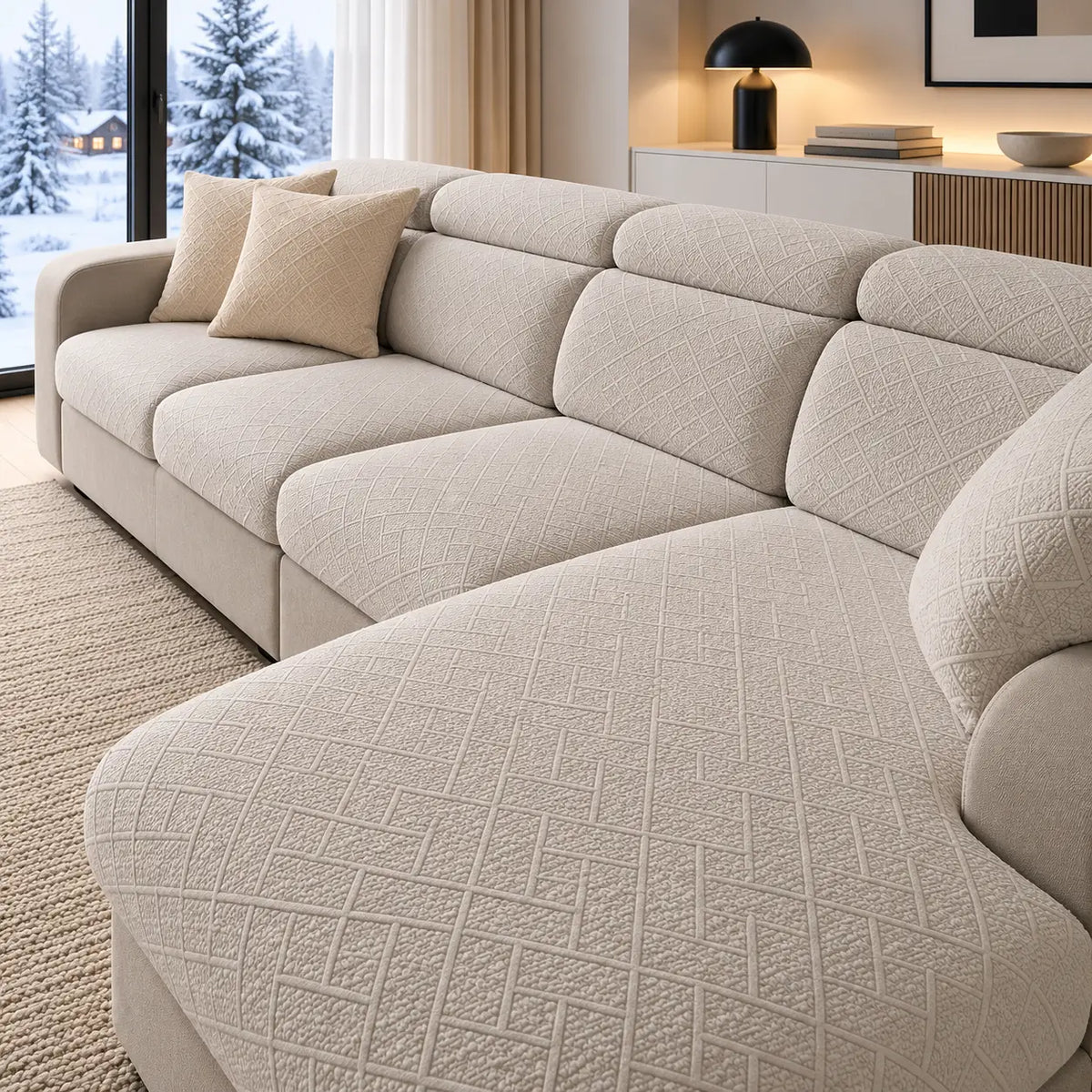Ecksofa mit hellbeigen Bezügen und zwei Kissen, Wohnzimmer mit Schneeblick 19