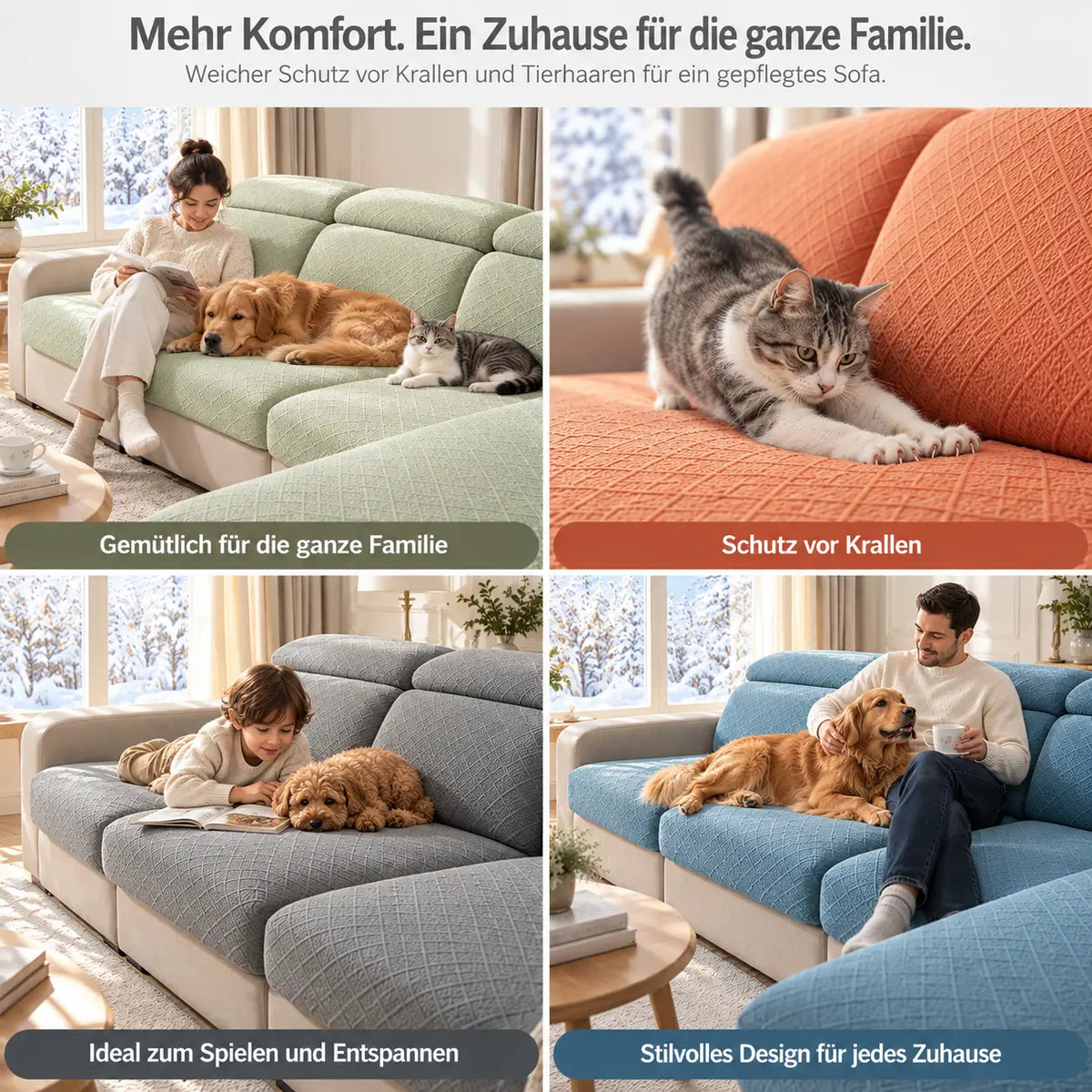 Vier Wohnszenen mit Bezügen in Grün, Orange, Grau und Blau, mit Familie, Katze und Hunden 6