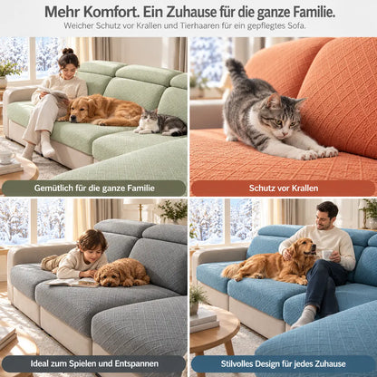 Vier Wohnszenen mit Bezügen in Grün, Orange, Grau und Blau, mit Familie, Katze und Hunden 6