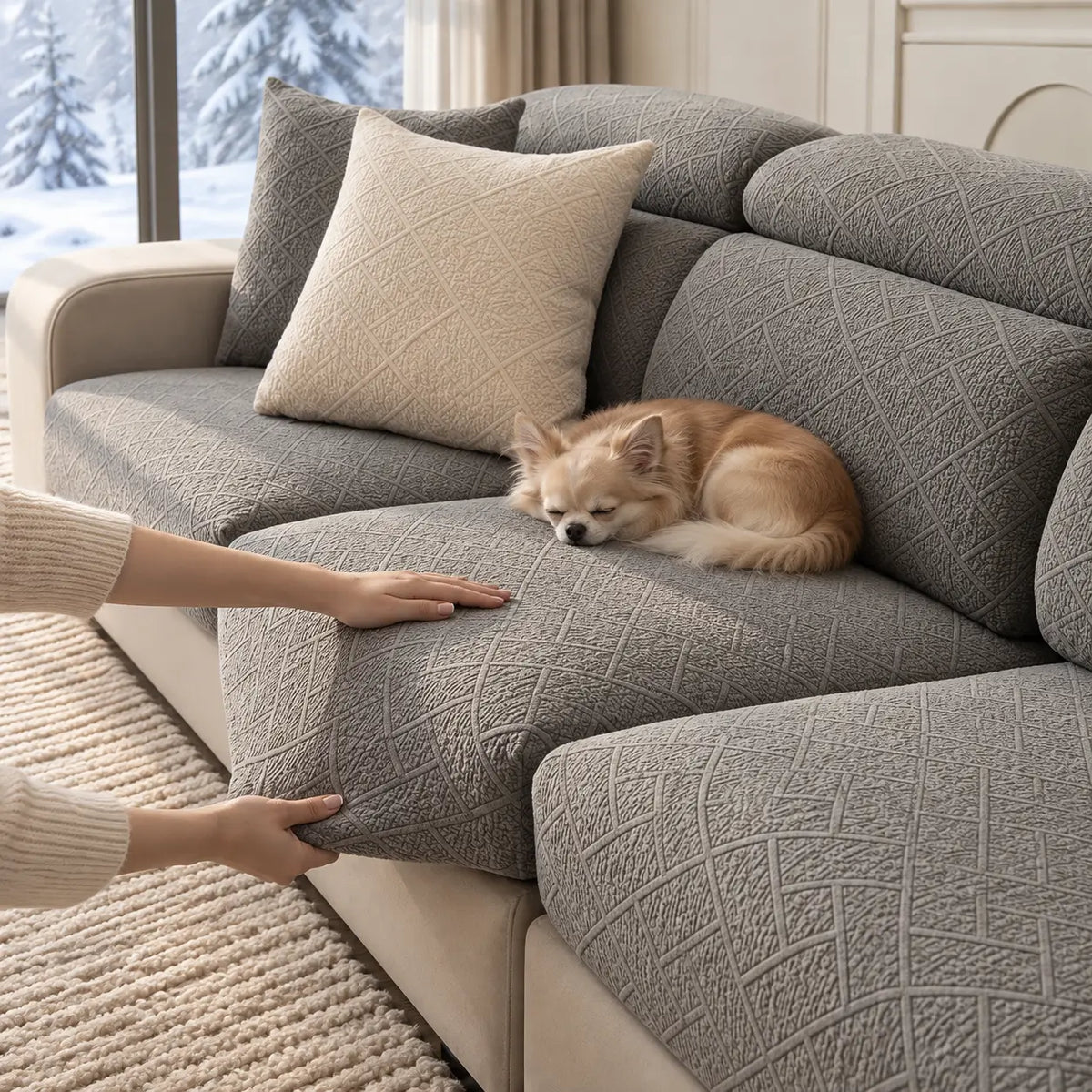 Graue Sitzkissenbezüge mit Rautenprägung, eine Hand glättet den Bezug, kleiner Hund schläft auf dem Sofa 7