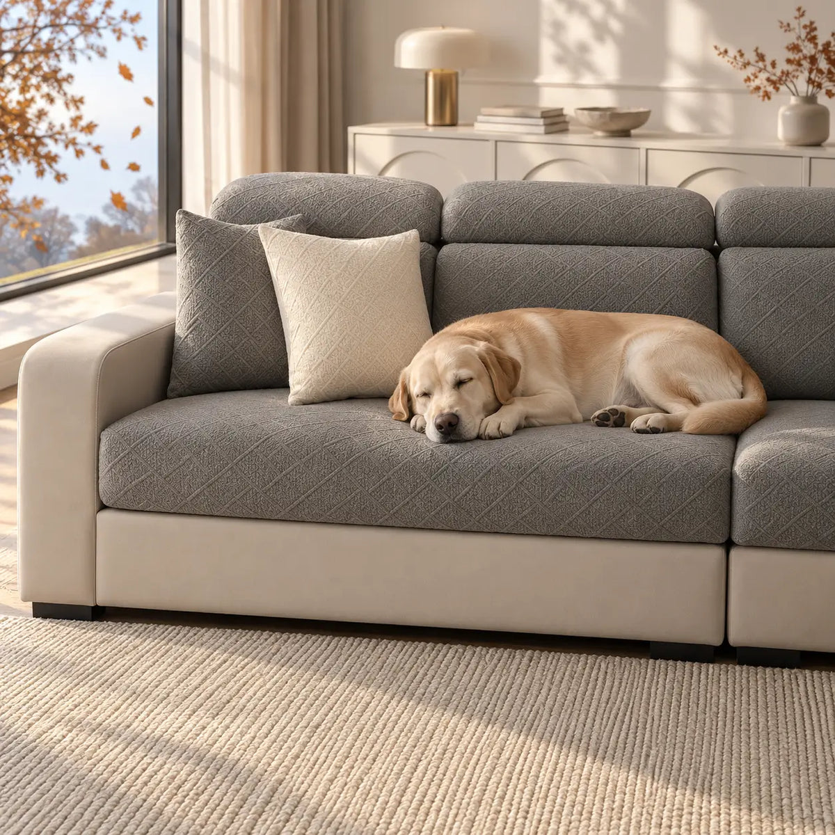 Labrador schläft auf einem Sofa mit grauen Bezügen und zwei Kissen vor sonnigem Fenster 8