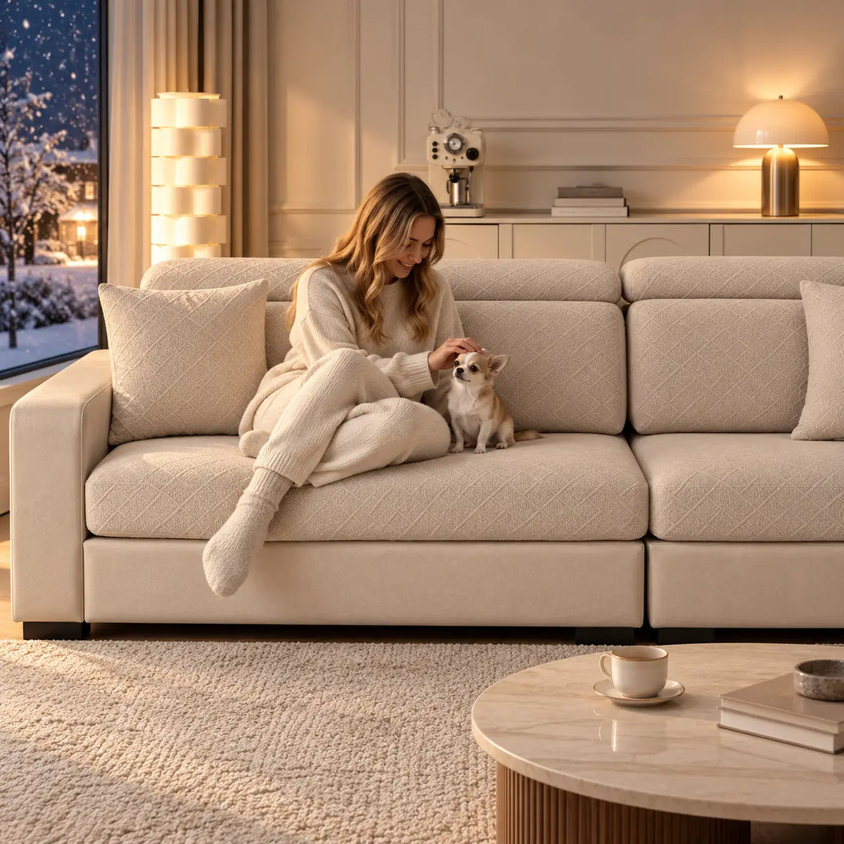 Frau streichelt kleinen Hund auf einem Sofa mit cremefarbenen Bezügen in gemütlicher Abendstimmung 9
