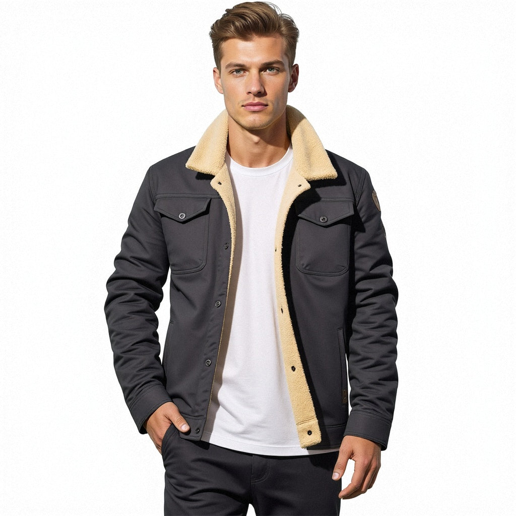 Männerjacke schwarz mit beigem Futter, modisch, warm, Herbst-Winter, Freizeitkleidung.