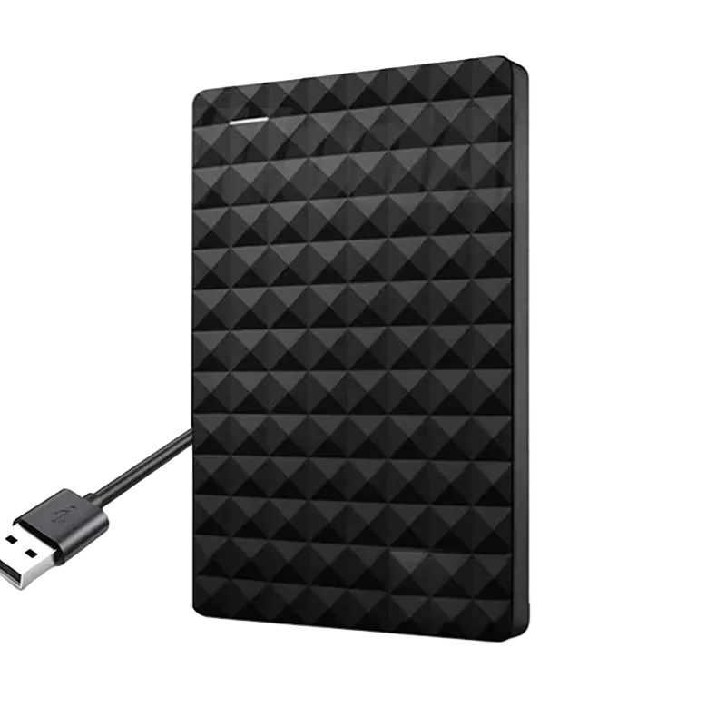 Schwarze Festplatte mit Rautenmuster, aufrecht stehend, mit angeschlossenem USB-Kabel und sichtbarem USB-A-Stecker links 1
