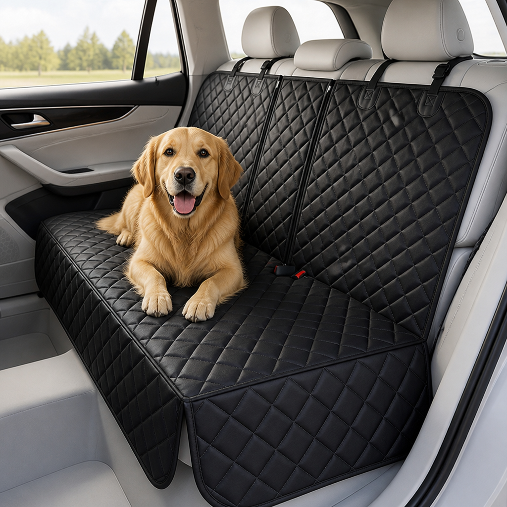 Schwarze, rautenförmig gesteppte Rückbankabdeckung ohne farbige Einfassung in einem hellen Auto, auf der ein Golden Retriever frontal in die Kamera blickt. 7