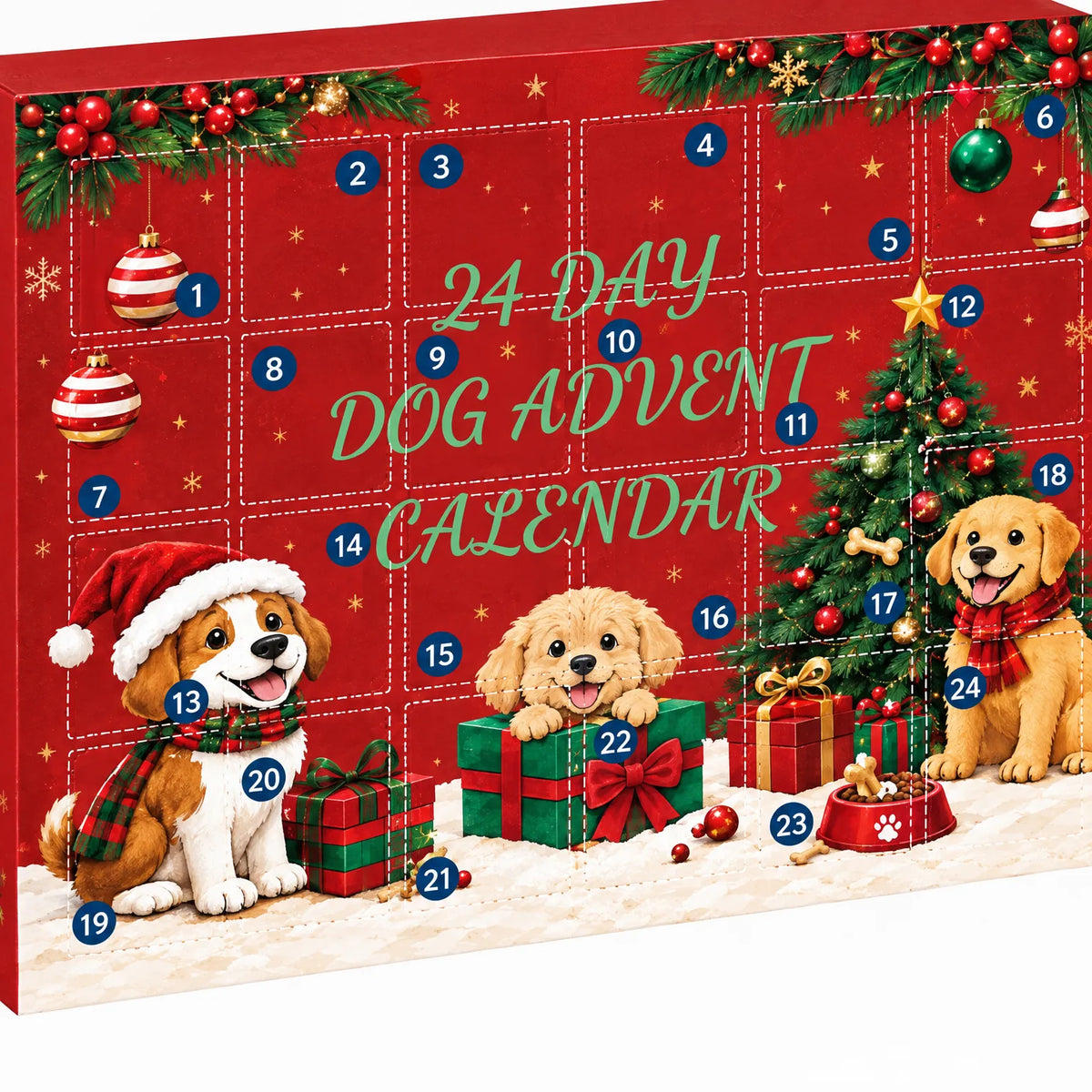 Nahaufnahme der roten Vorderseite mit nummerierten Türchen, gezeichneten Hunden, geschmücktem Weihnachtsbaum und Geschenken in festlichem Motiv. 3