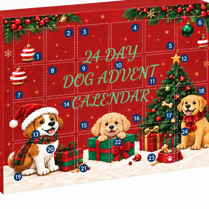 Nahaufnahme der roten Vorderseite mit nummerierten Türchen, gezeichneten Hunden, geschmücktem Weihnachtsbaum und Geschenken in festlichem Motiv. 3