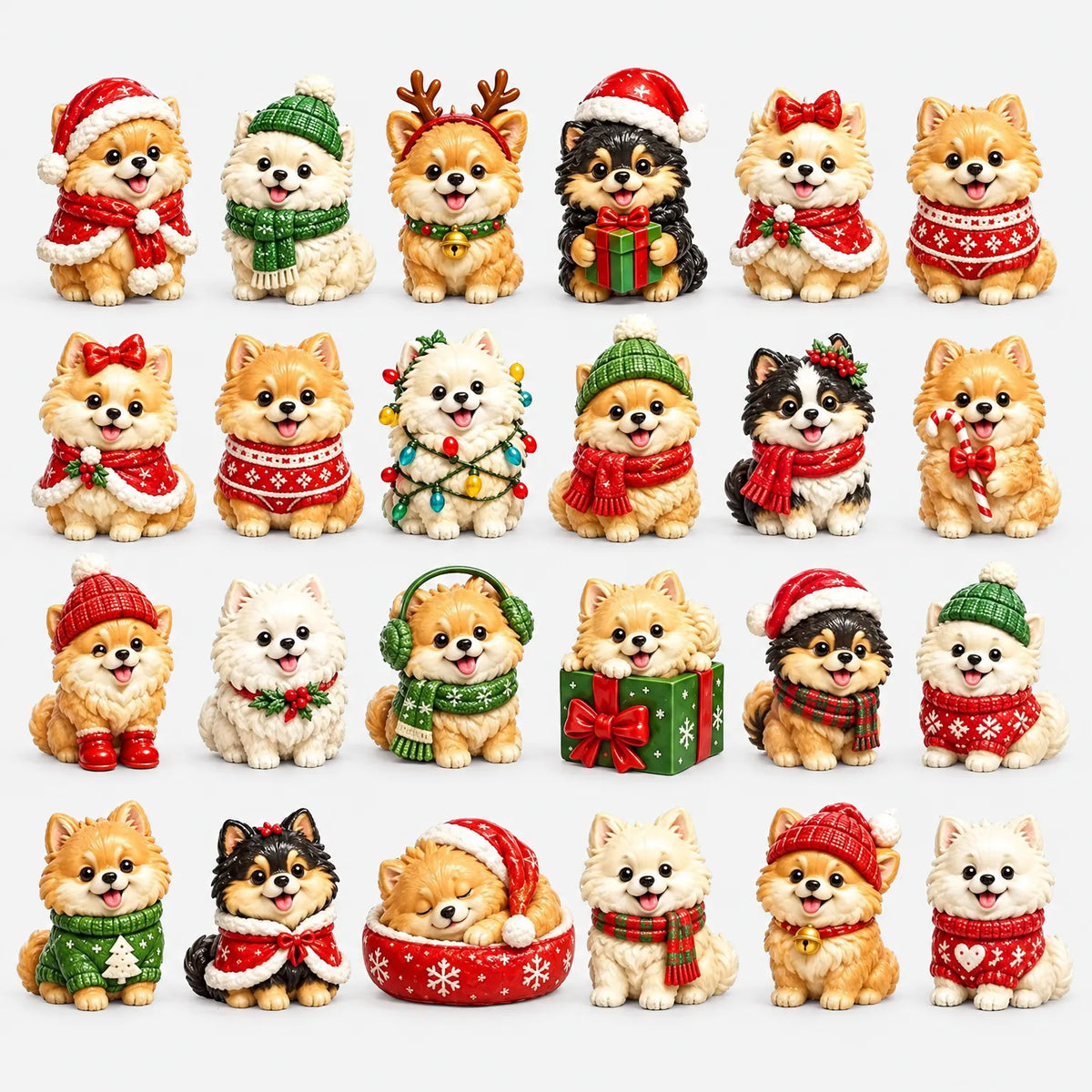 Übersicht aller 24 Pomeranian-Welpenfiguren in Weihnachtskleidung, mit Mützen, Schals, Pullovern und Geschenken, in vier Reihen auf weißem Hintergrund. 2