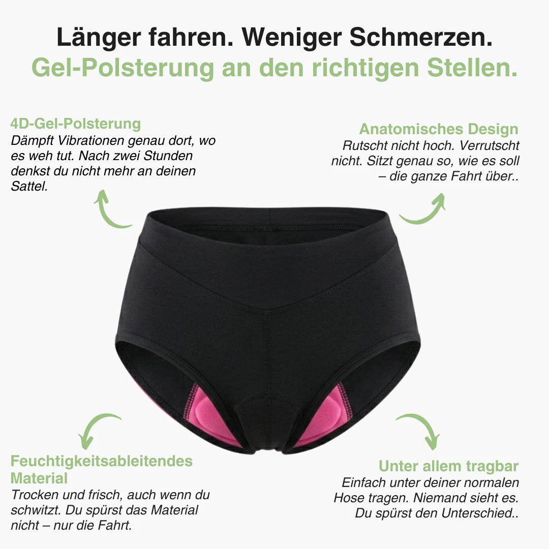 Schwarze Radunterhose mit rosa Gelpolster, umgeben von Grafik mit vier Produktvorteilen 3