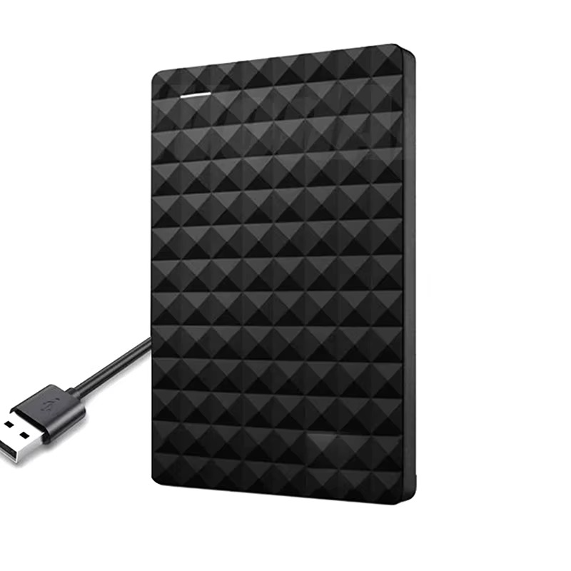 Schwarze tragbare externe Festplatte mit Pyramiden-Struktur und angeschlossenem USB-Stecker