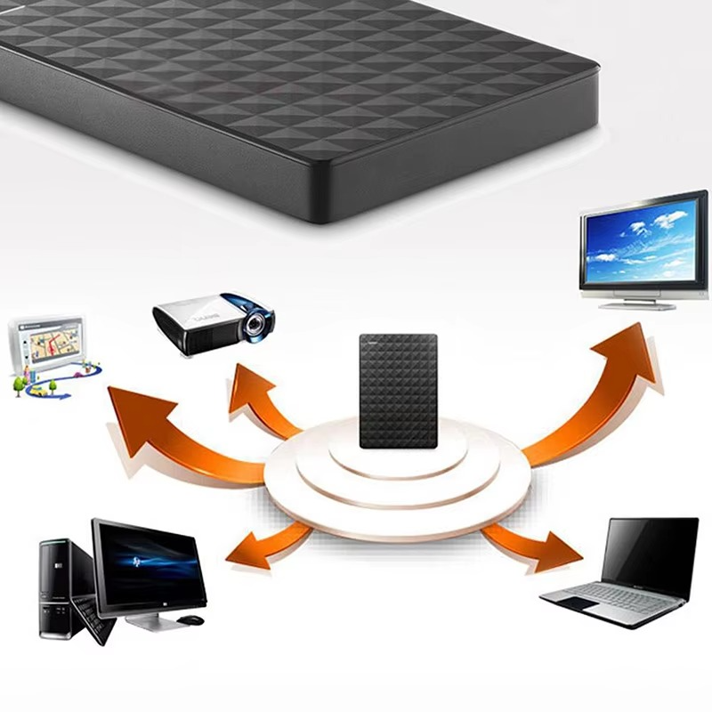 Grafik der externen Festplatte mit Anschlussmöglichkeiten an Navigationsgerät, Beamer, Fernseher, Desktop-PC und Laptop