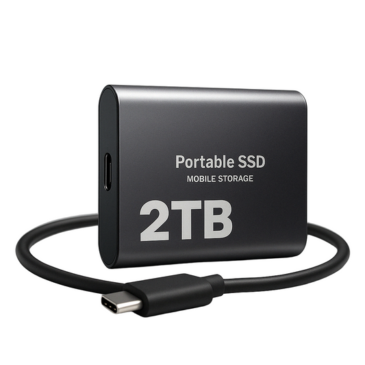 Schwarze, flache SSD aus mattem Metall mit USB-C-Anschluss an der Schmalseite und schwarzem Anschlusskabel