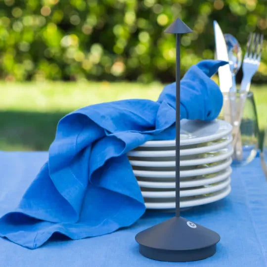 Dunkle Lampe im Garten auf blauer Tischdecke neben gestapelten Tellern und blauer Leinenserviette 11