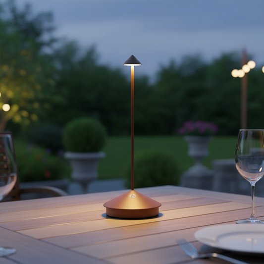 Rostfarbene Lampe leuchtet abends auf einem Holztisch im Garten neben Weinglas und Teller 1