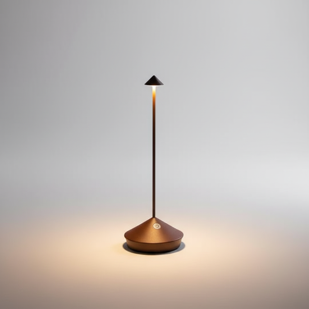 Rostfarbene Lampe mit schlankem Stiel und kegelförmigem Schirm leuchtet warm vor hellem Hintergrund 2