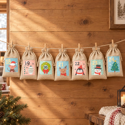 Sieben Jutebeutel mit bunten Wintermotiven hängen mit Holzklammern an einer Schnur vor einer Holzwand in weihnachtlich dekoriertem Raum. 1
