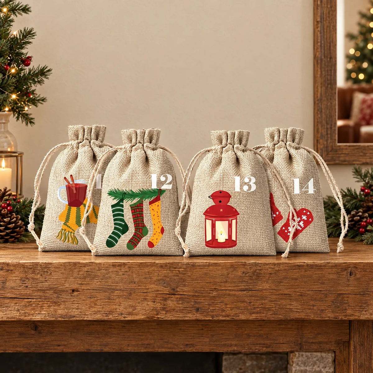 Vier Jutebeutel mit Zugband und weihnachtlichen Motiven stehen dekoriert auf einem Holzregal, umgeben von Tannenzweigen, Zapfen und Kerzenlicht. 1