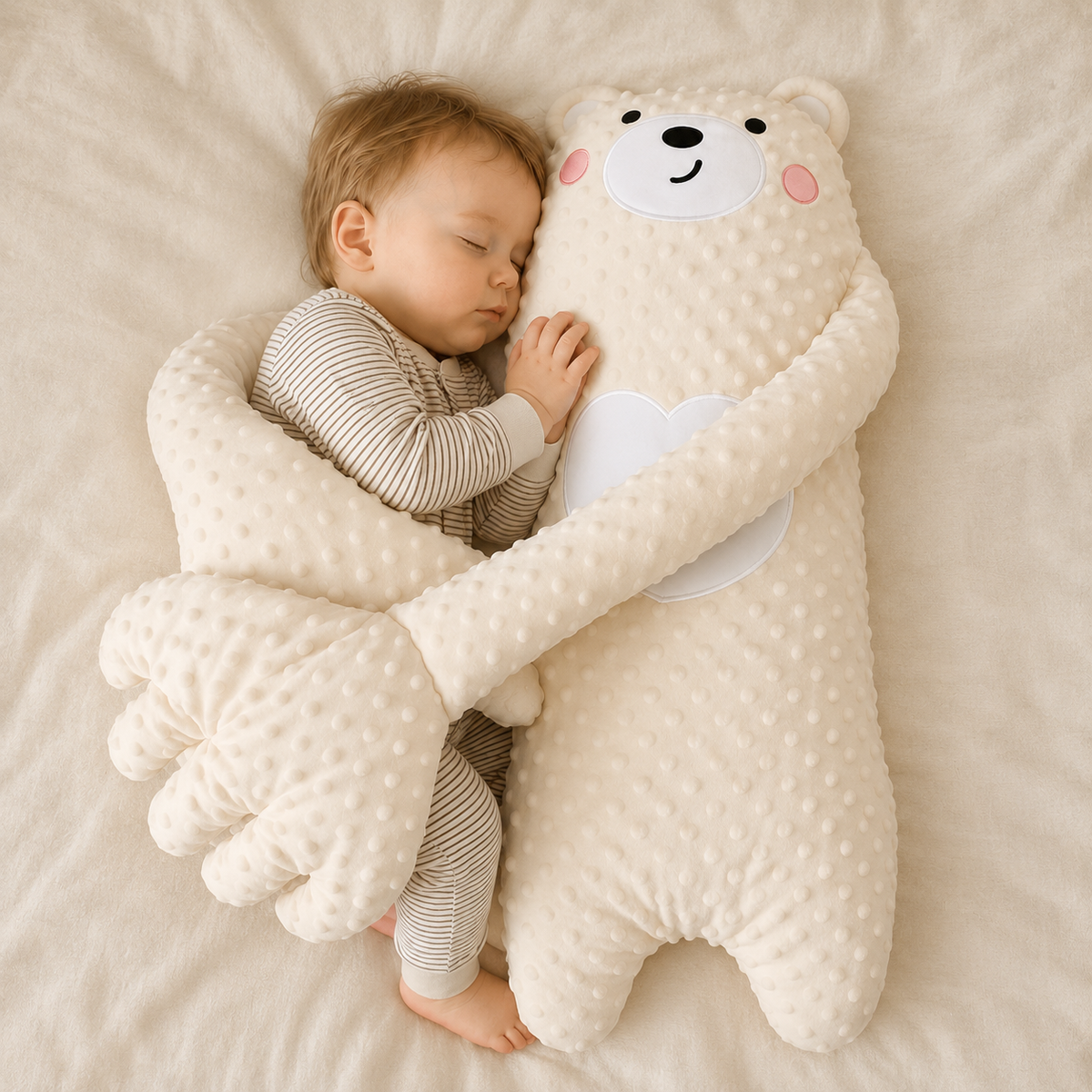 DreamBuddy beigees Bären-Kuscheltier aus Polyester mit langen Armen, nah am schlafenden Baby