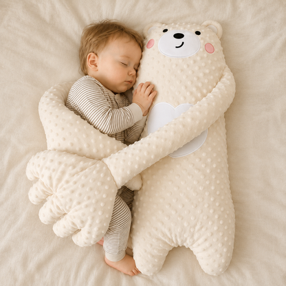 DreamBuddy beigees Bären-Kuscheltier aus Polyester mit langen Armen, nah am schlafenden Baby