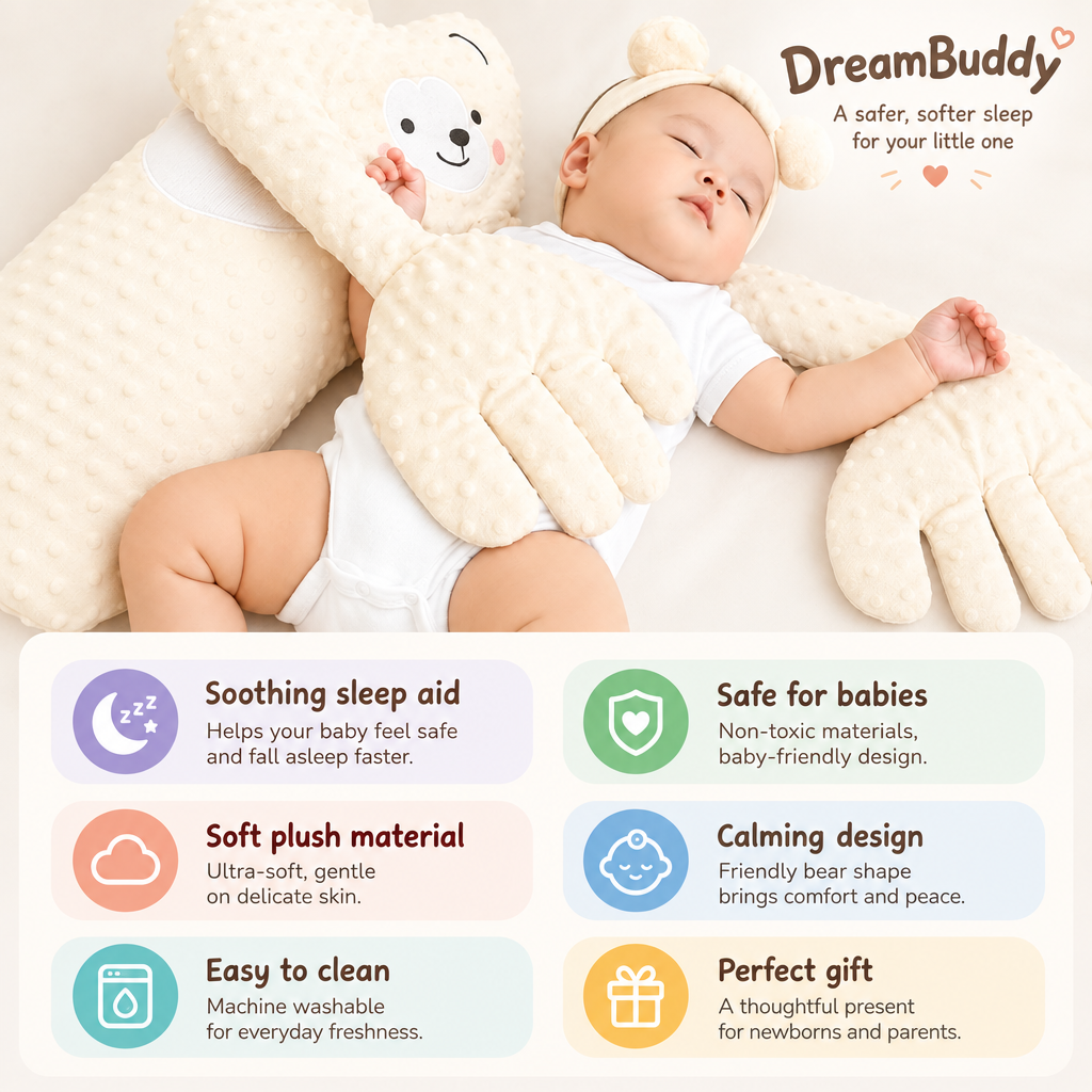 DreamBuddy cremefarbenes Bären-Kuscheltier mit schlafendem Baby und Infografik zu den Vorteilen