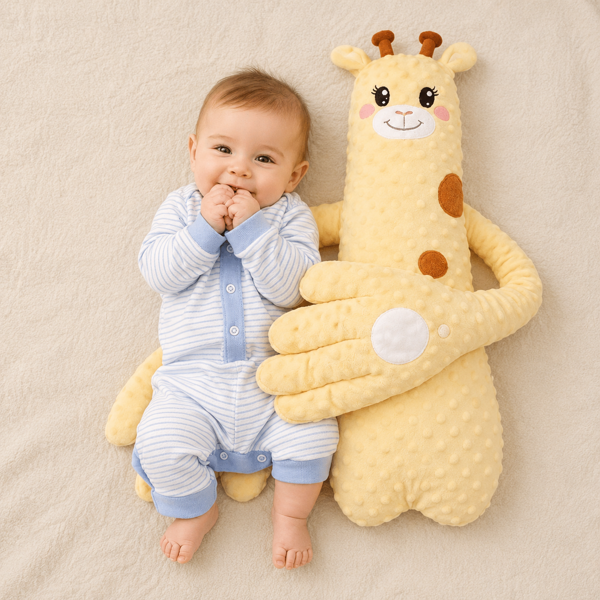DreamBuddy gelbes Giraffen-Kuscheltier aus Polyester mit langem Arm neben dem Baby