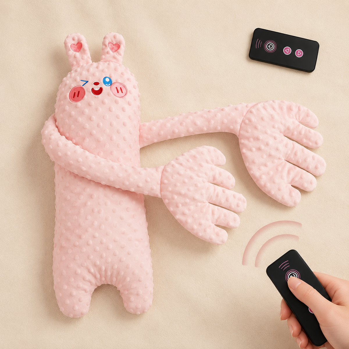DreamBuddy rosafarbenes Hasen-Kuscheltier mit langen Armen, von oben mit Fernbedienungen