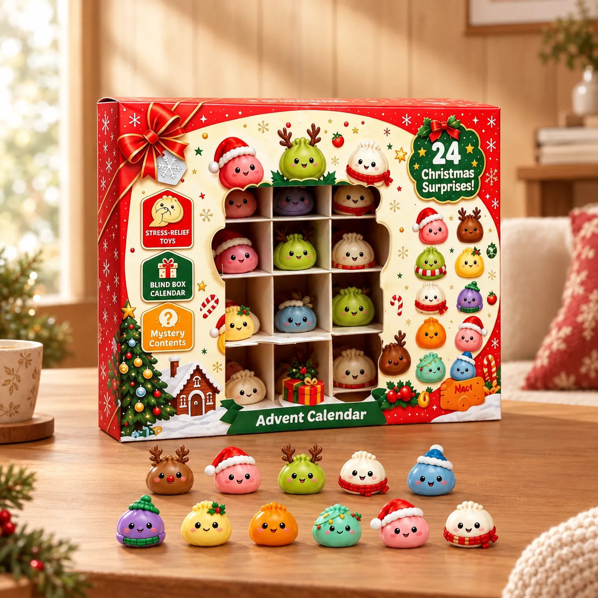 Roter Adventskalender mit Sichtfenster und zehn bunten Knödelfiguren mit Weihnachtsmützen, Schals und Geweihen, aufgestellt auf einem Holztisch in gemütlicher W 1