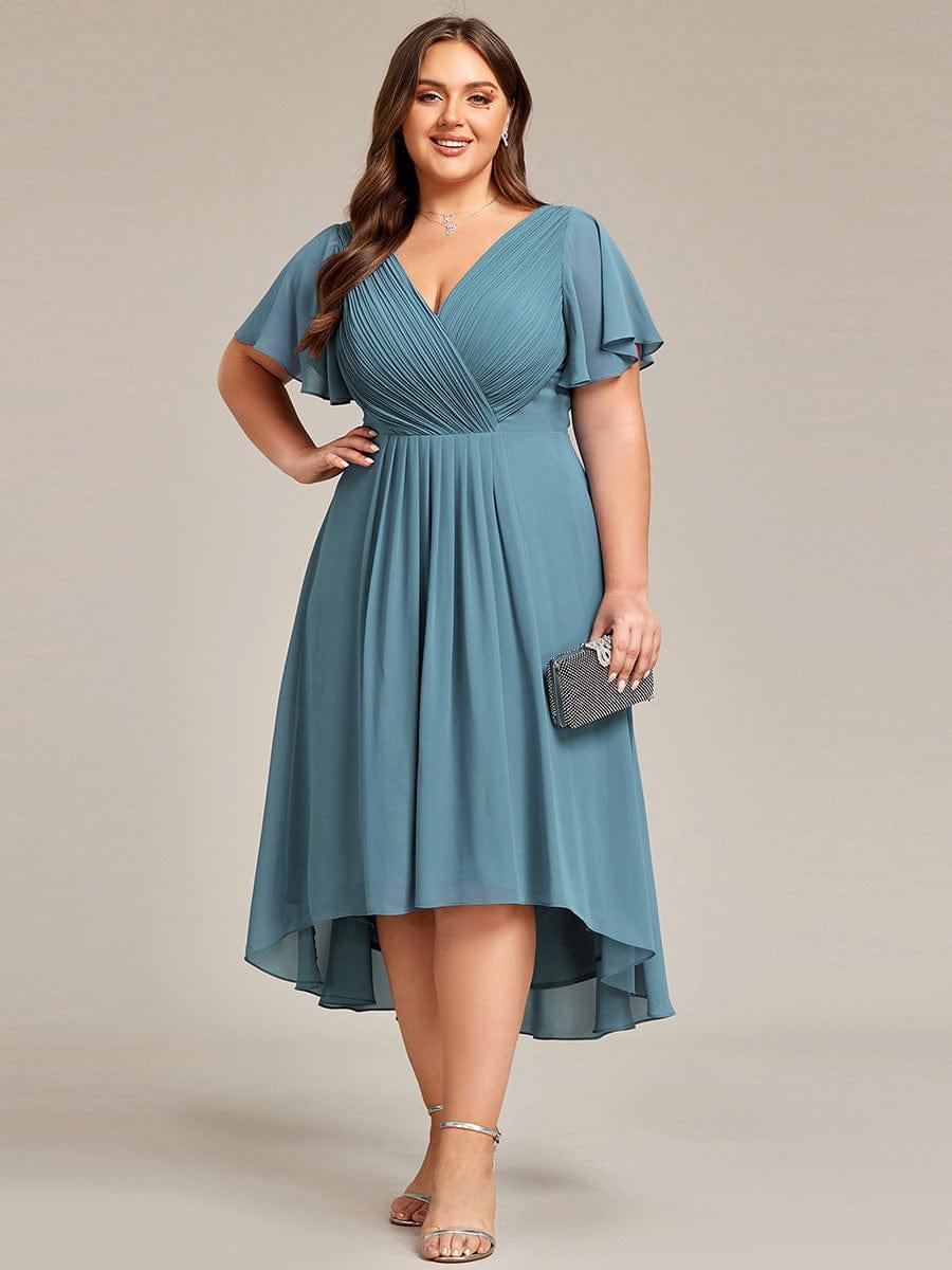 Chiffon Hoch-Tief Hochzeitsgastkleid mit V-Ausschnitt und kurzen Ärmeln 113
