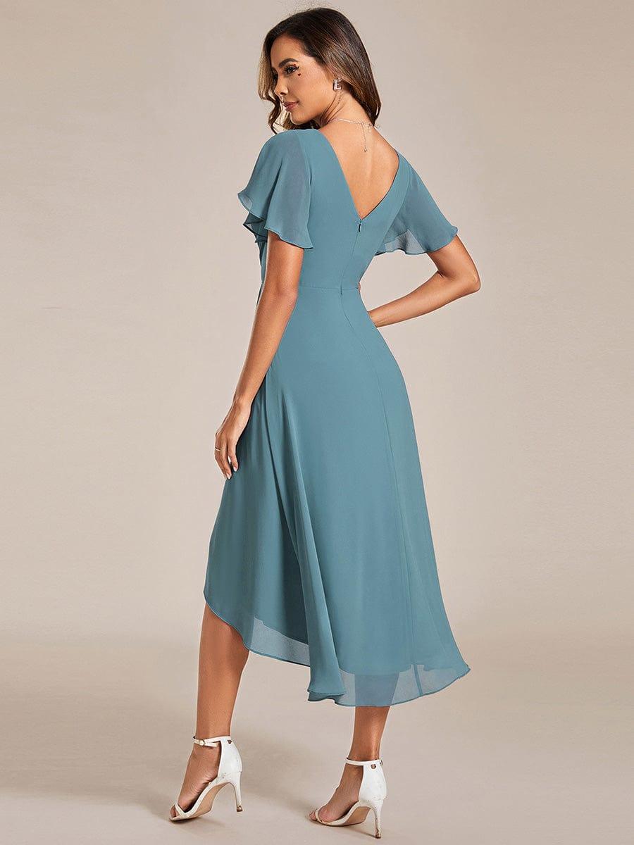 Chiffon Hoch-Tief Hochzeitsgastkleid mit V-Ausschnitt und kurzen Ärmeln 109