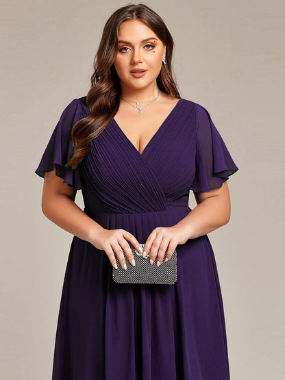 Chiffon Hoch-Tief Hochzeitsgastkleid mit V-Ausschnitt und kurzen Ärmeln 123